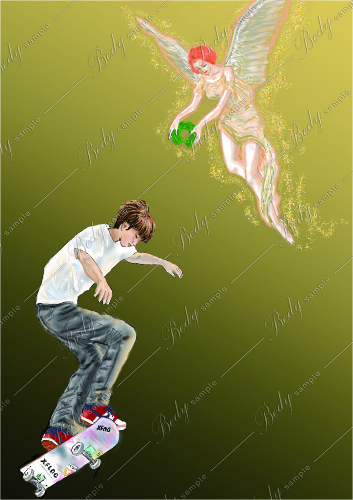 スケートボードに乗る男性と天使